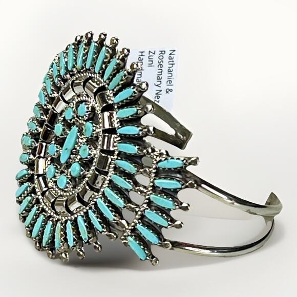 ZUNI Sterling Silver Kingman Turquoise Cluster Bracelet Signed N & R Nez - NEW - Picture 6 of 16